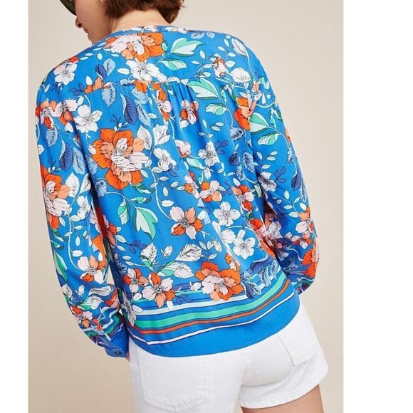 Anthropologie Top Womens 12 Blue V-Neck Tie Front Long Sleeve Floral Blouse - Picture 2 of 6